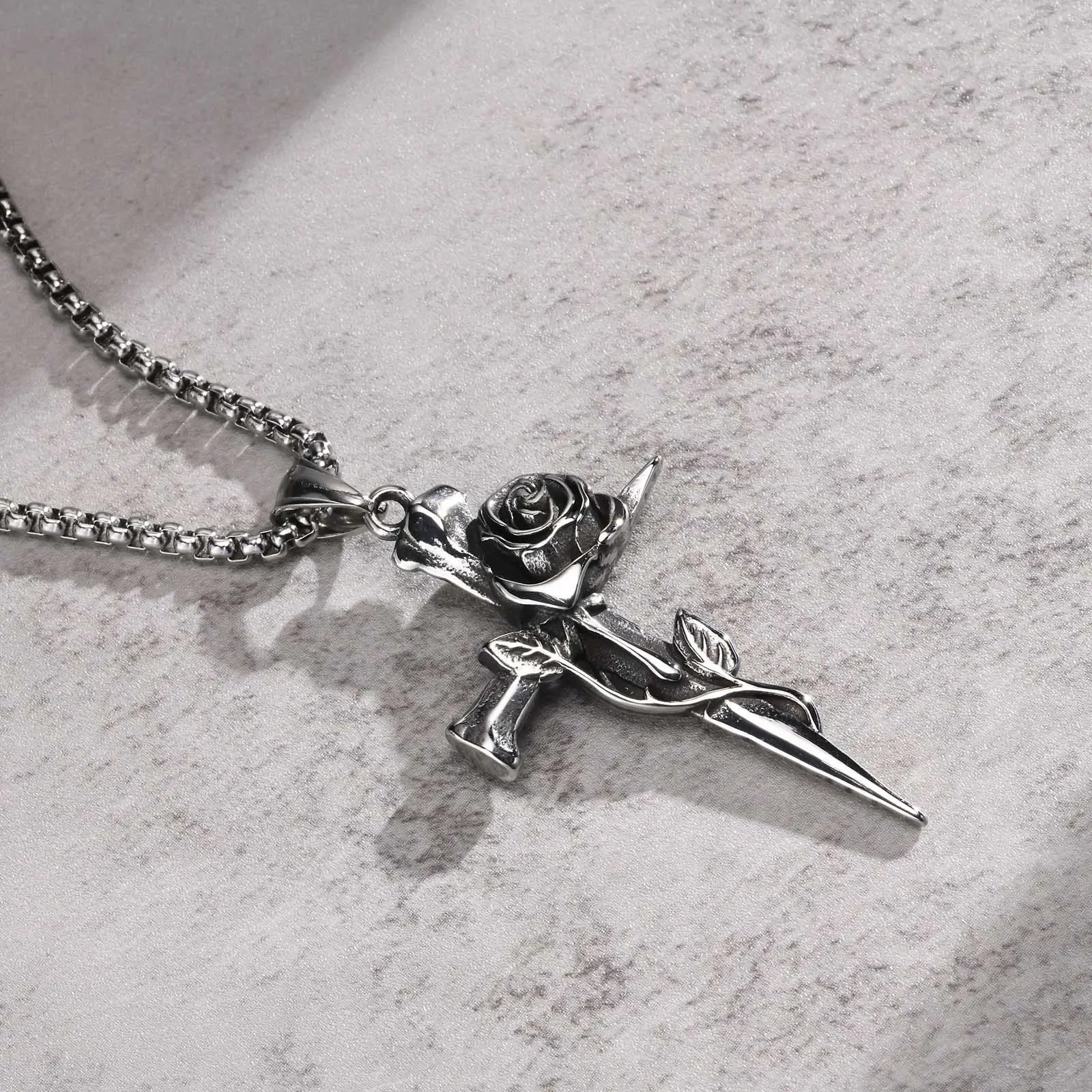 Gothic Rose Cross Necklace – Silver-Tone Pendant for Men